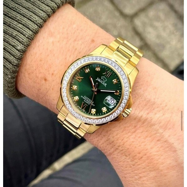 Jaguar - Lady Diver dameur i guldduble med sten og grøn